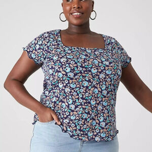 Lane Bryant Blue Floral Fitted Square-Neck Short Sleeve Tee in Size 22/24